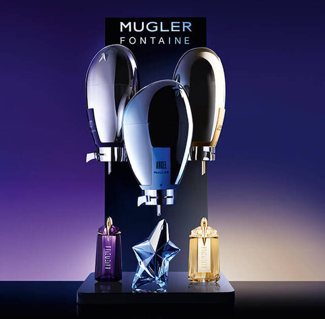 A Mugler Fontaine with three refillable fragrances, Angel, Alien, and Alien Goddess