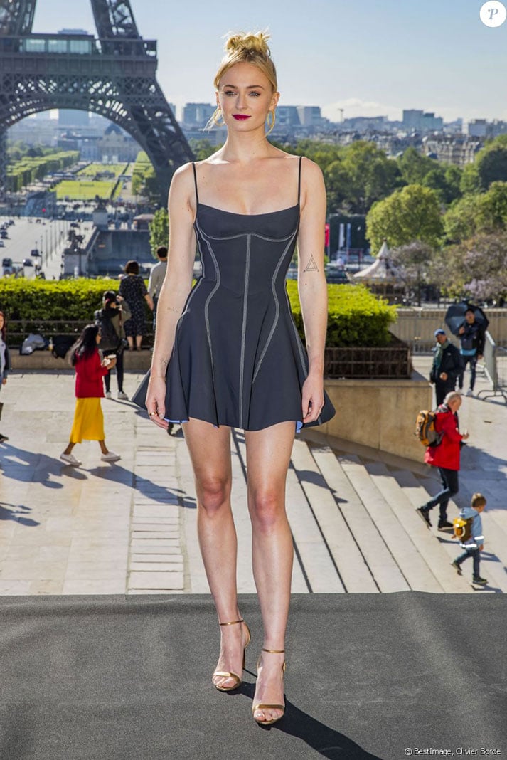 Sophie Turner in Mugler in front of Eiffel Tower