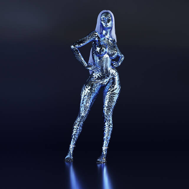 Metallic female model with long light blue hair 
