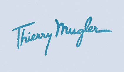 Thierry Mugler written in blue script